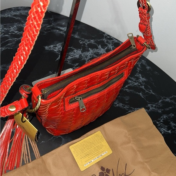 Patricia Nash Woven Leather Valbella Zip Crossbody Bright Coral Red AUTHENTIC - Picture 6 of 15